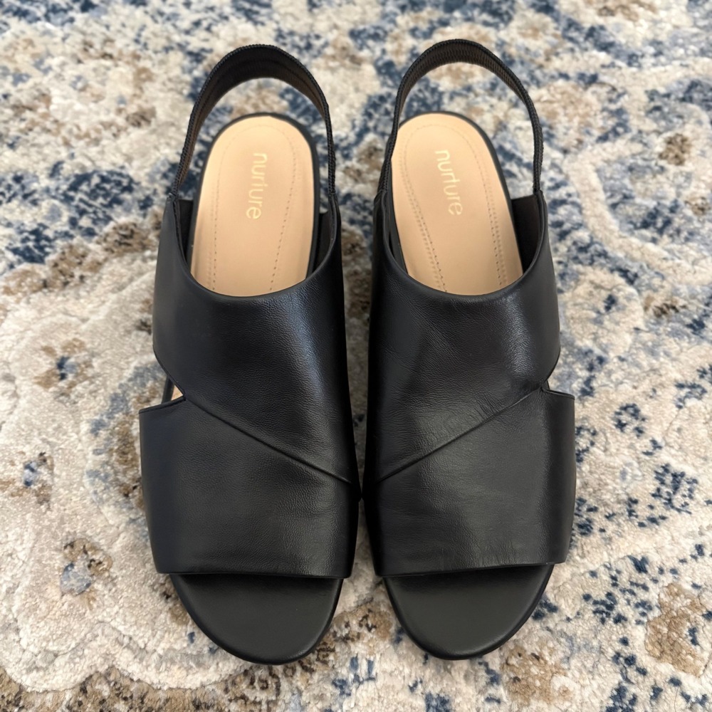 Nurture Gennye Black Leather Slingback Peep Toe Sandals Low Block Heel Size 8.5M